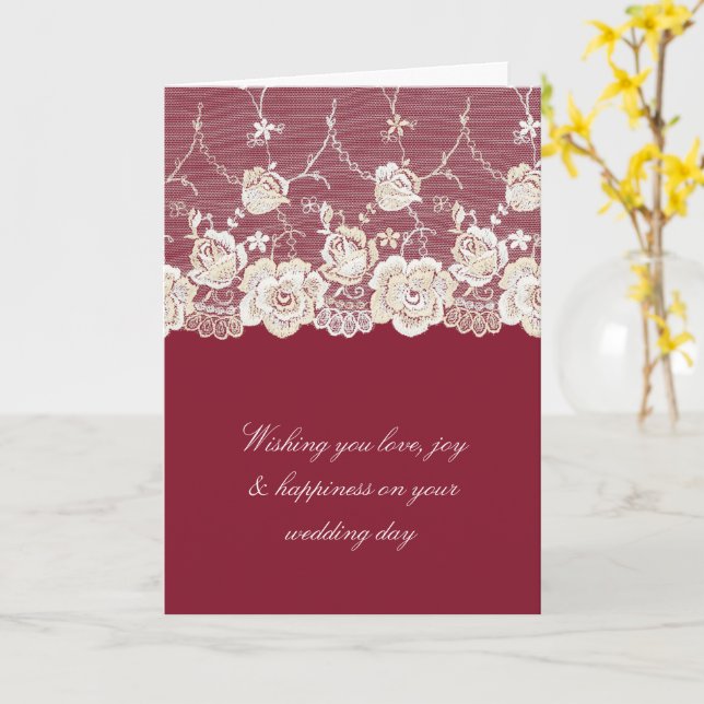 Romantic Red Cream White Lace Floral Wedding Card (Yellow Flower)