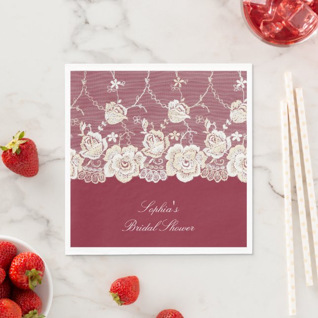 Romantic Red Cream White Lace Floral Wedding Napkins (Insitu)