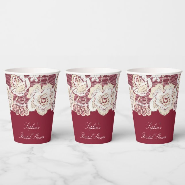 Romantic Red Cream White Lace Floral Wedding Paper Cups (Multi)