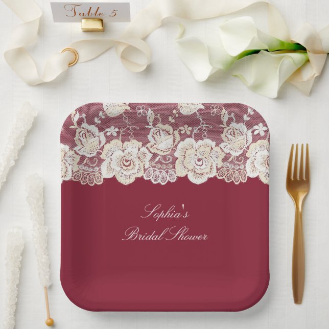 Romantic Red Cream White Lace Floral Wedding Paper Plates (Wedding)