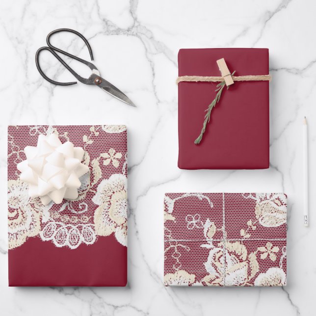 Romantic Red Cream White Lace Floral Wedding Wrapping Paper Sheets (Front)