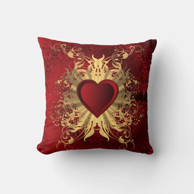 Romantic red damask and valentines heart throw pillow (Front)