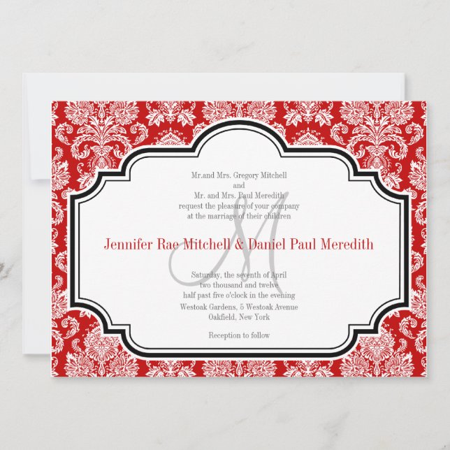 Romantic Red Damask Black White Wedding Invites (Front)