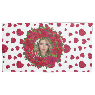 Romantic Red Dark Pink Roses Photo Border Pillow Case