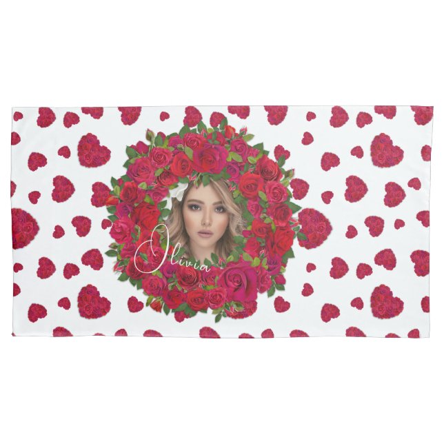 Romantic Red Dark Pink Roses Photo Border Pillow Case (Front-Left)