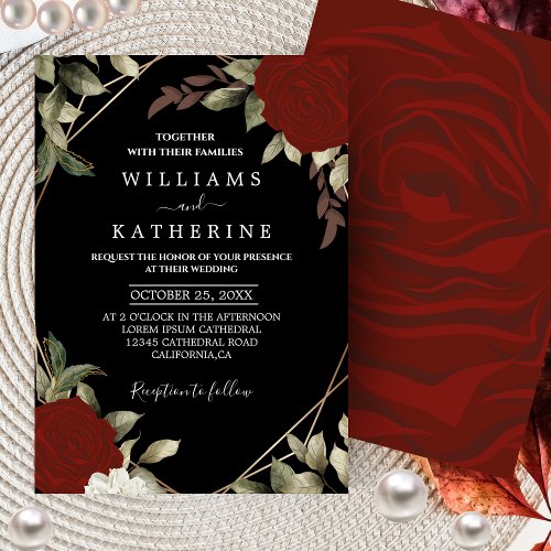 Romantic red Deep color rose Floral Winter wedding Invitation