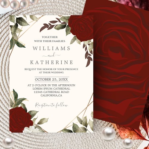 Romantic red Deep color rose Floral Winter wedding Invitation