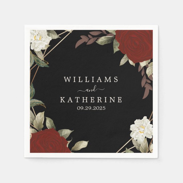 Romantic red Deep rose Floral Winter black wedding Napkins (Front)