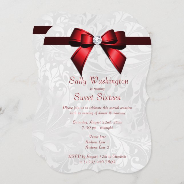 Romantic Red Diamond Bow & Damask Sweet 16 Invitation (Front/Back)