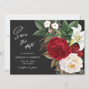 Romantic Red Floral Bouquet Black & White Wedding Save The Date