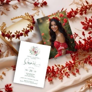 Romantic Red Floral Floral Boho Quinceañera Invitation