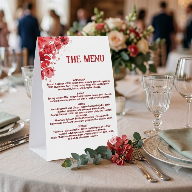 RomantiC Red Floral Menu ,Wedding Menu  Paper Table Tent (Creator Uploaded)