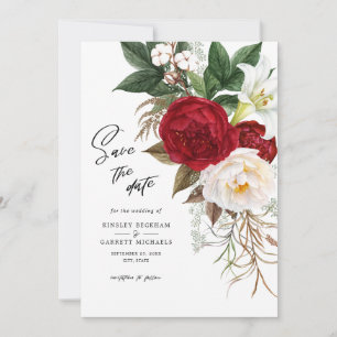Romantic Red Floral Monogram Wedding Save The Date Invitation