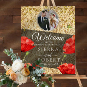 Romantic Red Floral Photo Wedding Welcome Sign