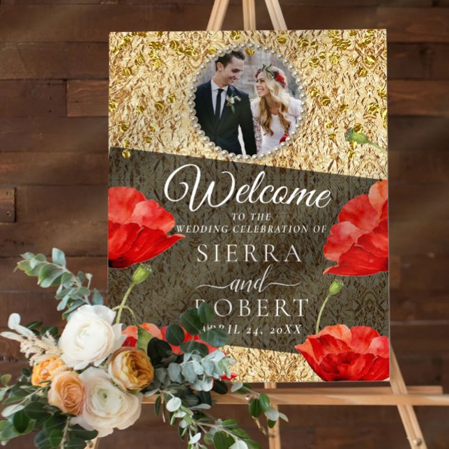 Romantic Red Floral Photo Wedding Welcome Sign (Creator Uploaded)