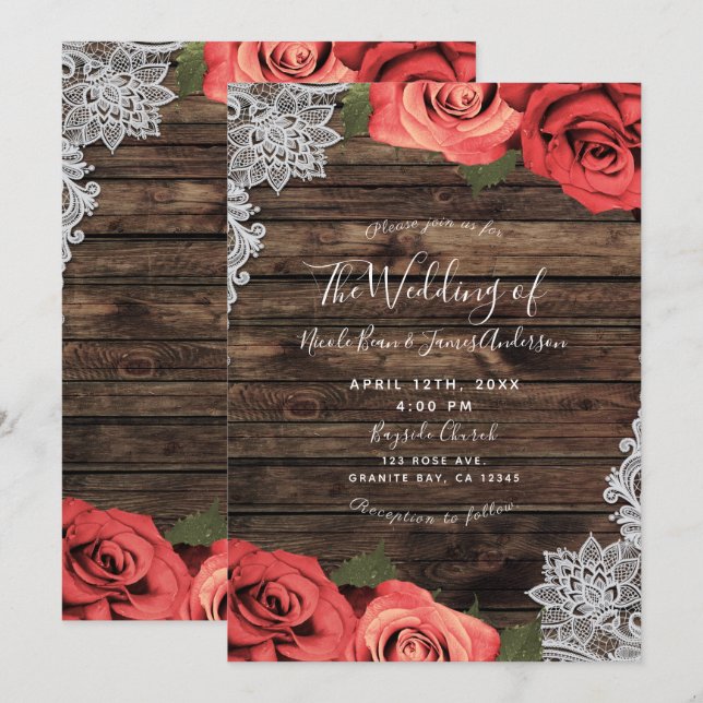 Romantic Red Floral Roses Rustic Wood Lace Wedding Invitation (Front/Back)