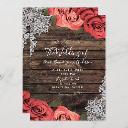 Romantic Red Floral Roses Rustic Wood Lace Wedding Invitation