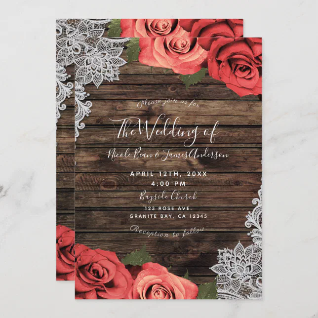 Romantic Red Floral Roses Rustic Wood Lace Wedding Invitation | Zazzle