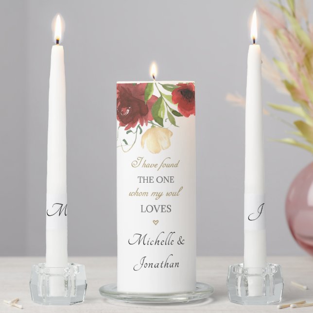 Romantic Red Floral Song of Solomon Bible Verse Unity Candle Set (In Situ)