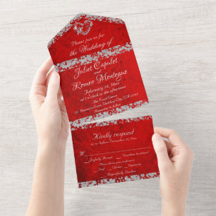 Romantic Red, Glitter Border & Heart All In One Invitation