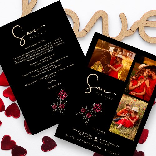 Romantic Red Gold Branches 3 Photos Collage Save The Date