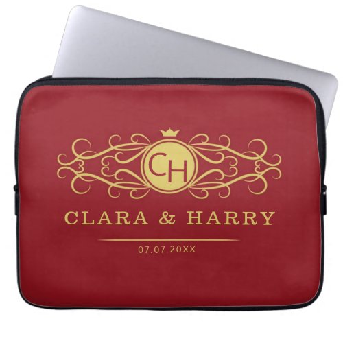 Romantic red gold elegant monogramme wedding  laptop sleeve