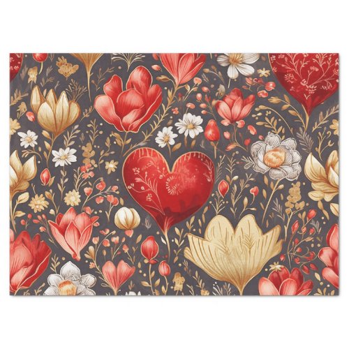 Romantic Red  Gold Floral  Hearts Decoupage  Tissue Paper