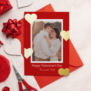 Romantic Red Gold Heart Photo Valentine Foil Holiday Card