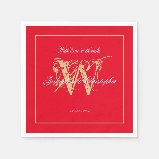 Romantic Red & Gold Wedding Elegant Monogram Paper Napkins (Front)