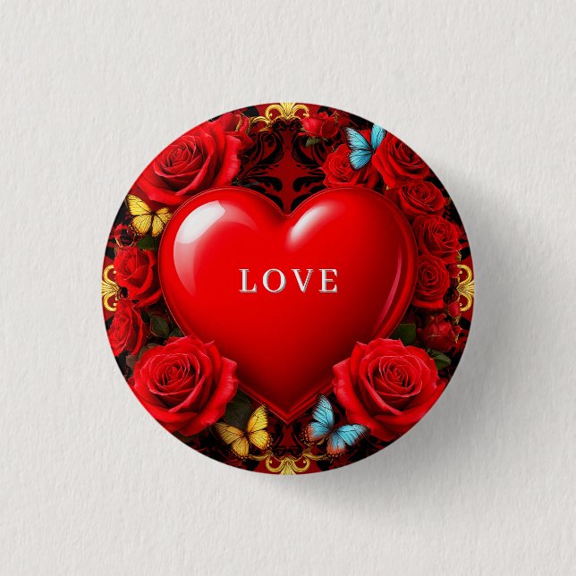 Romantic Red Heart Framed by Roses and Butterflies Button (Front)