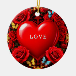 Romantic Red Heart Framed by Roses and Butterflies Ceramic Ornament