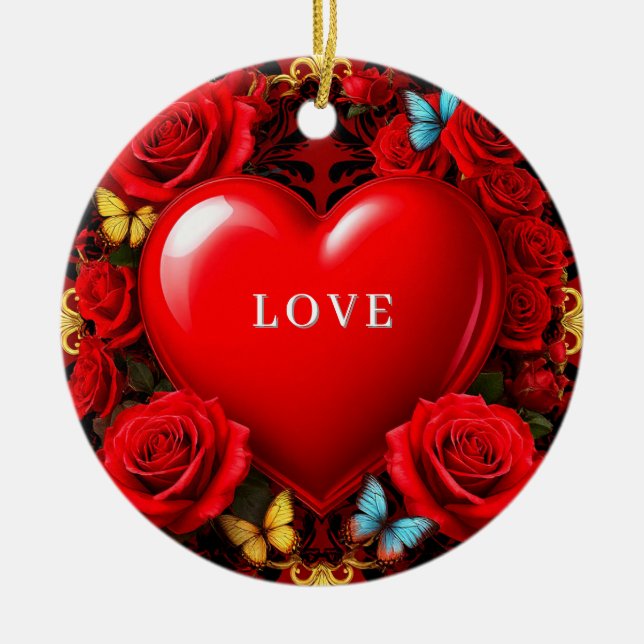 Romantic Red Heart Framed by Roses and Butterflies Ceramic Ornament (Front)