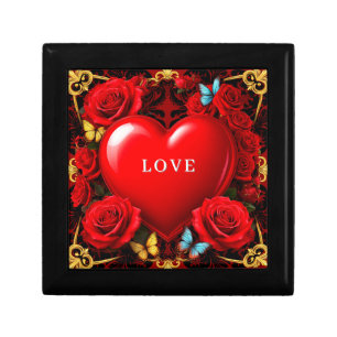 Romantic Red Heart Framed by Roses and Butterflies Gift Box
