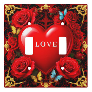 Romantic Red Heart Framed by Roses and Butterflies Light Switch Cover