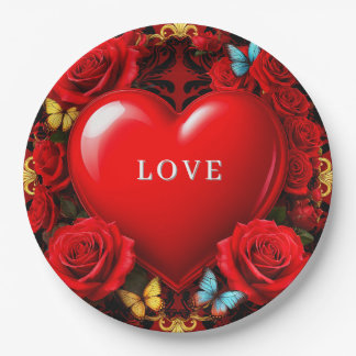 Romantic Red Heart Framed by Roses and Butterflies Paper Plates