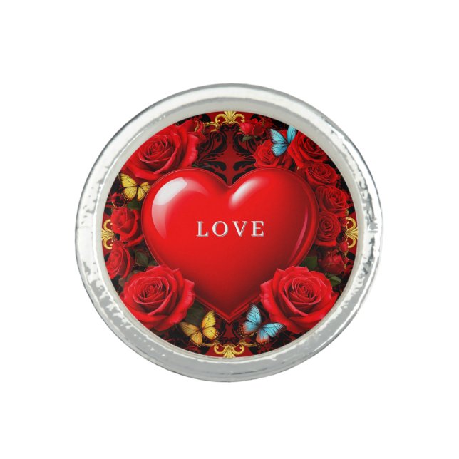 Romantic Red Heart Framed by Roses and Butterflies Ring (Front)