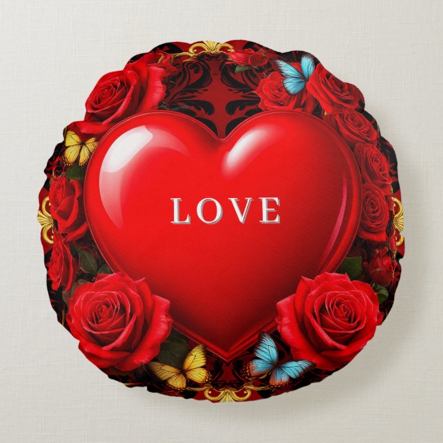 Romantic Red Heart Framed by Roses and Butterflies Round Pillow (Front)