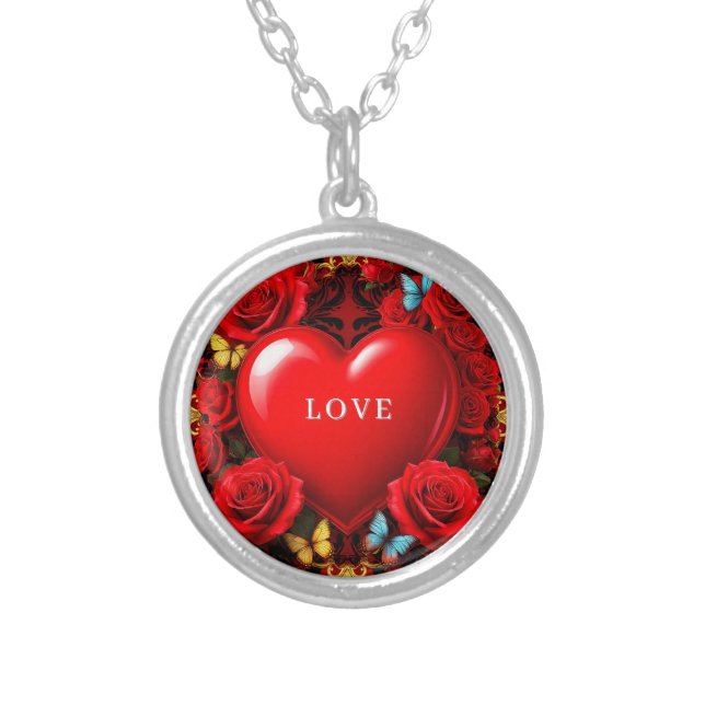 Romantic Red Heart Framed by Roses and Butterflies Silver Plated Necklace (Front)