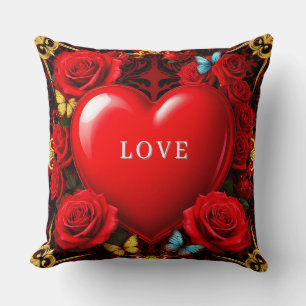 Romantic Red Heart Framed by Roses and Butterflies Throw Pillow