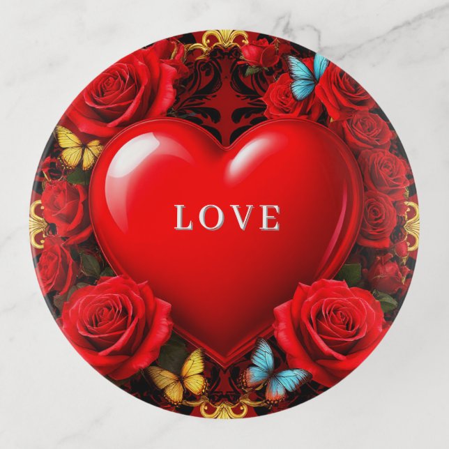 Romantic Red Heart Framed by Roses and Butterflies Trinket Tray (Front)