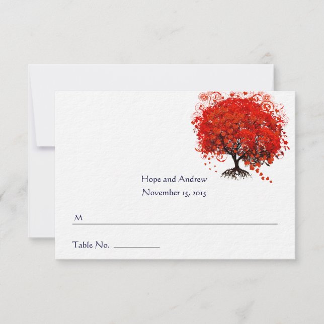 Romantic Red Heart Leaf Tree Wedding Place Card (Front)