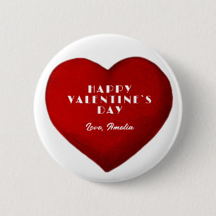 Romantic Red Heart Name Happy Valentine`s Day Button