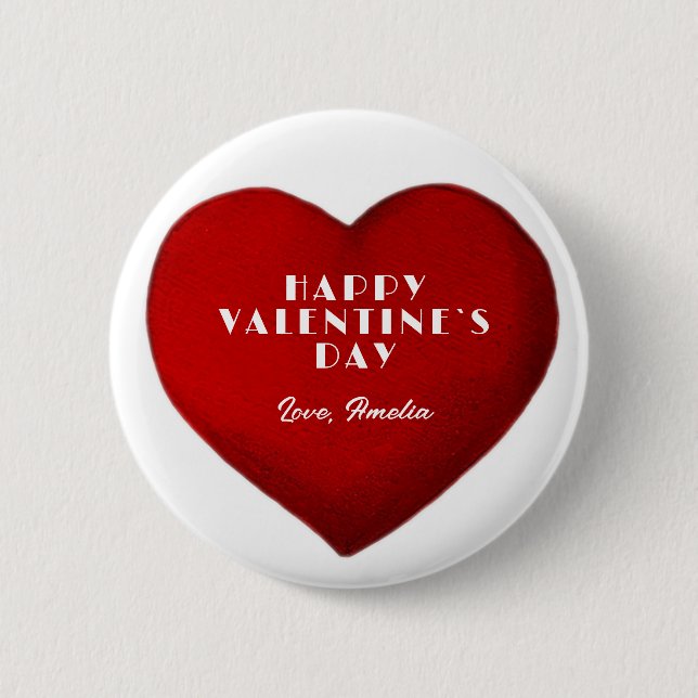 Romantic Red Heart Name Happy Valentine`s Day   Button (Front)