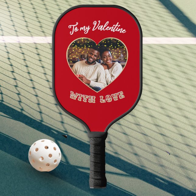 Romantic Red Heart Photo Personalized Valentine's  Pickleball Paddle (A pickleball paddle for Valentine's Day with custom heart photo and personalized message on the back)