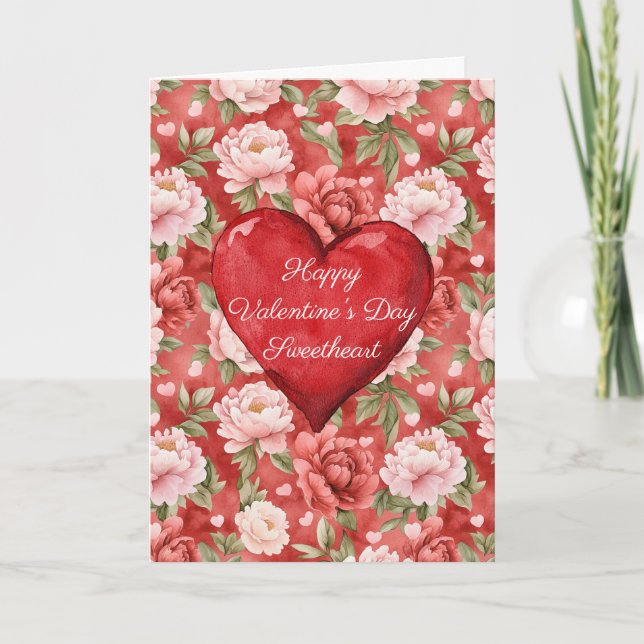 Romantic Red Heart Pink Floral Valentine's Day Card (Front)