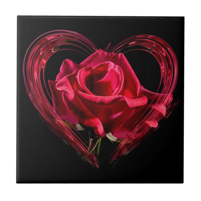 Romantic Red Heart Rose - Love Ceramic Tile (Front)