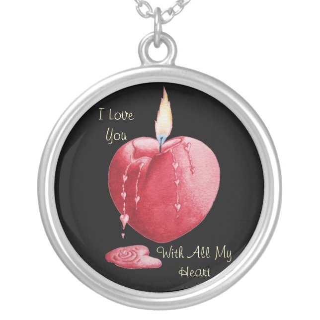 romantic red heart shaped burning candle love silver plated necklace (Front)