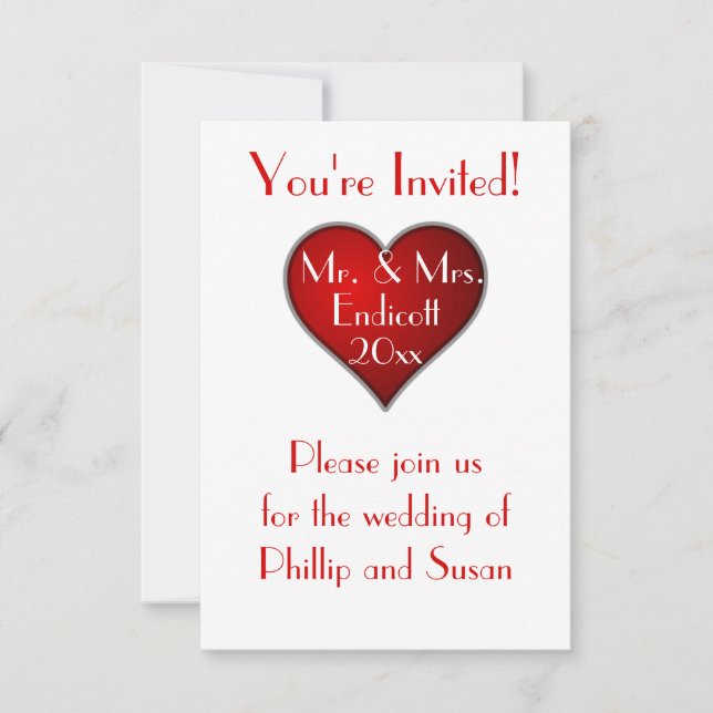 Romantic Red Heart with Name and Wedding Date Invitation (Front)