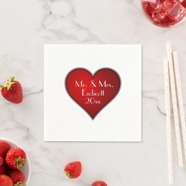 Romantic Red Heart with Name and Wedding Date Paper Napkins (Insitu)