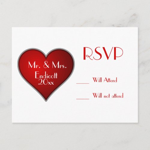 Romantic Red Heart with Name and Wedding Date RSVP Invitation Postcard